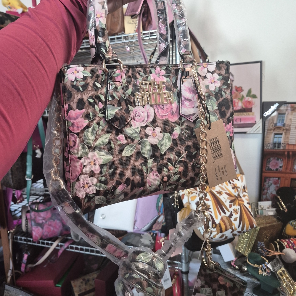 Steve Madden Brown Leopard Floral Satchel with Pink Roses